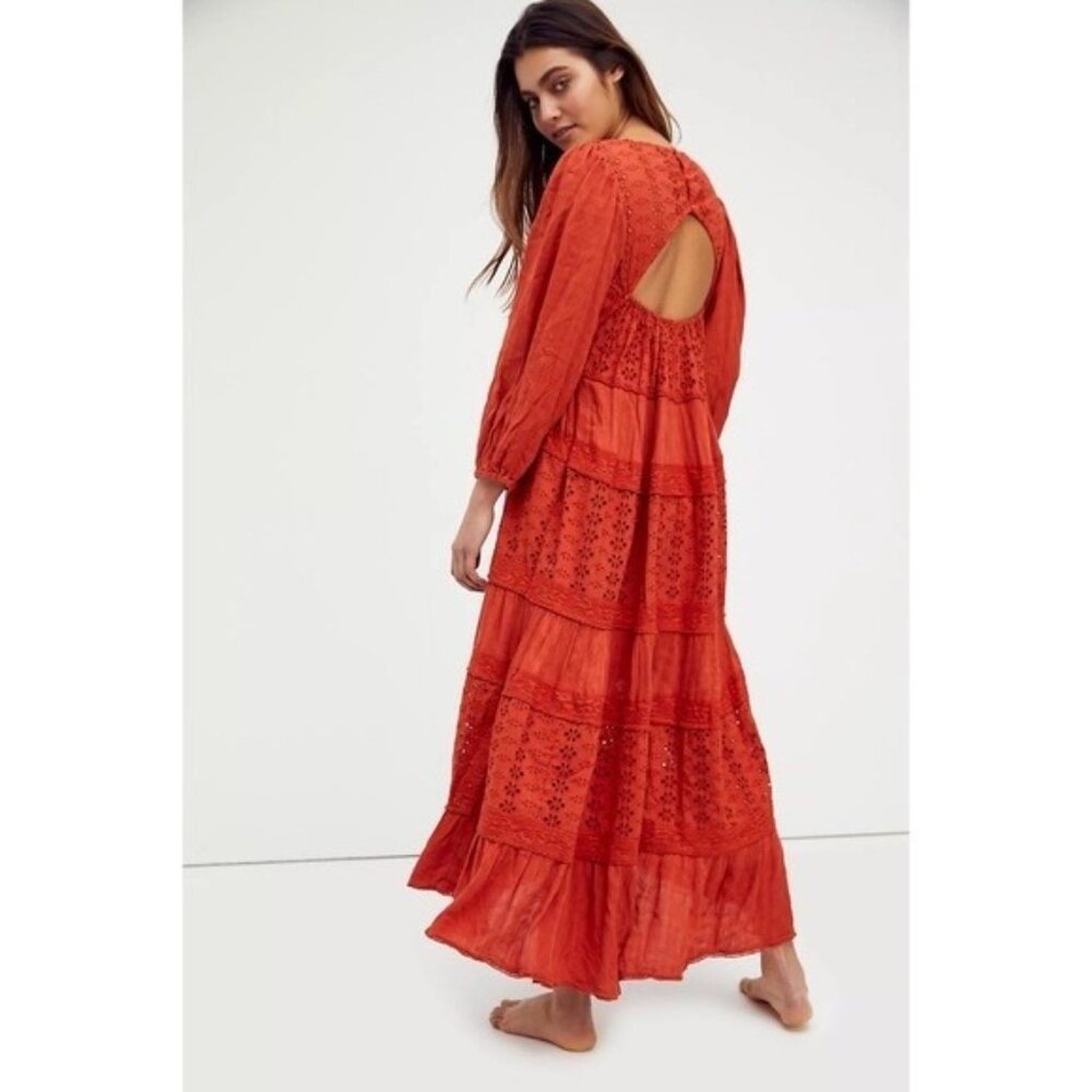 Free People Orange‎ Mockingbird Maxi Eyelet Open Back Dress Size XS - Picture 2 of 10